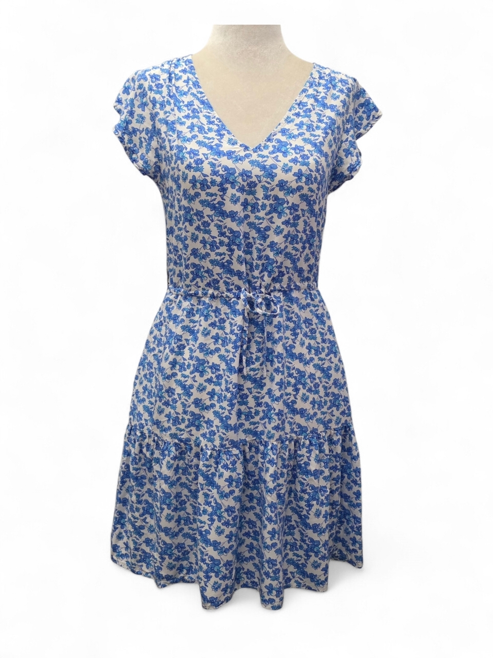 GAP Blue and White Floral V-Neck Flutter Sleeve Tie-Waist Mini Dress